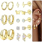 FUNRUN JEWELRY Hypoallergenic Flat Back Earrings for Women Surgical Stainless Steel Earring Sets for Sensitive Ear Small Stud Hoop Cartilage Earrings Flatback Stud Earring Stacks for Multiple Piercing