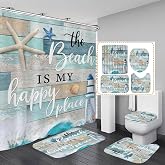 Chrainy 4pcs Nautical Ocean Shower Curtain Set with rugs Blue Bath Decor | Ocean Bathroom Decor Set with Waterproof Curtain, Bath Mat, Toilet Lid Cover, U-Shaped Rug, 12 Hooks 71*71 in for Washroom