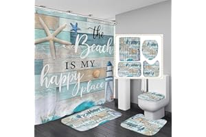 Chrainy 4Pcs Nautical Ocean Shower Curtain Sets Sea Wooden Bathroom Set Decor with Non-Slip Rugs Bath U-Shaped Mat Toilet Lid Cover Starfish Lighthouse Bathroom Curtain Shower Set with 12 Hooks
