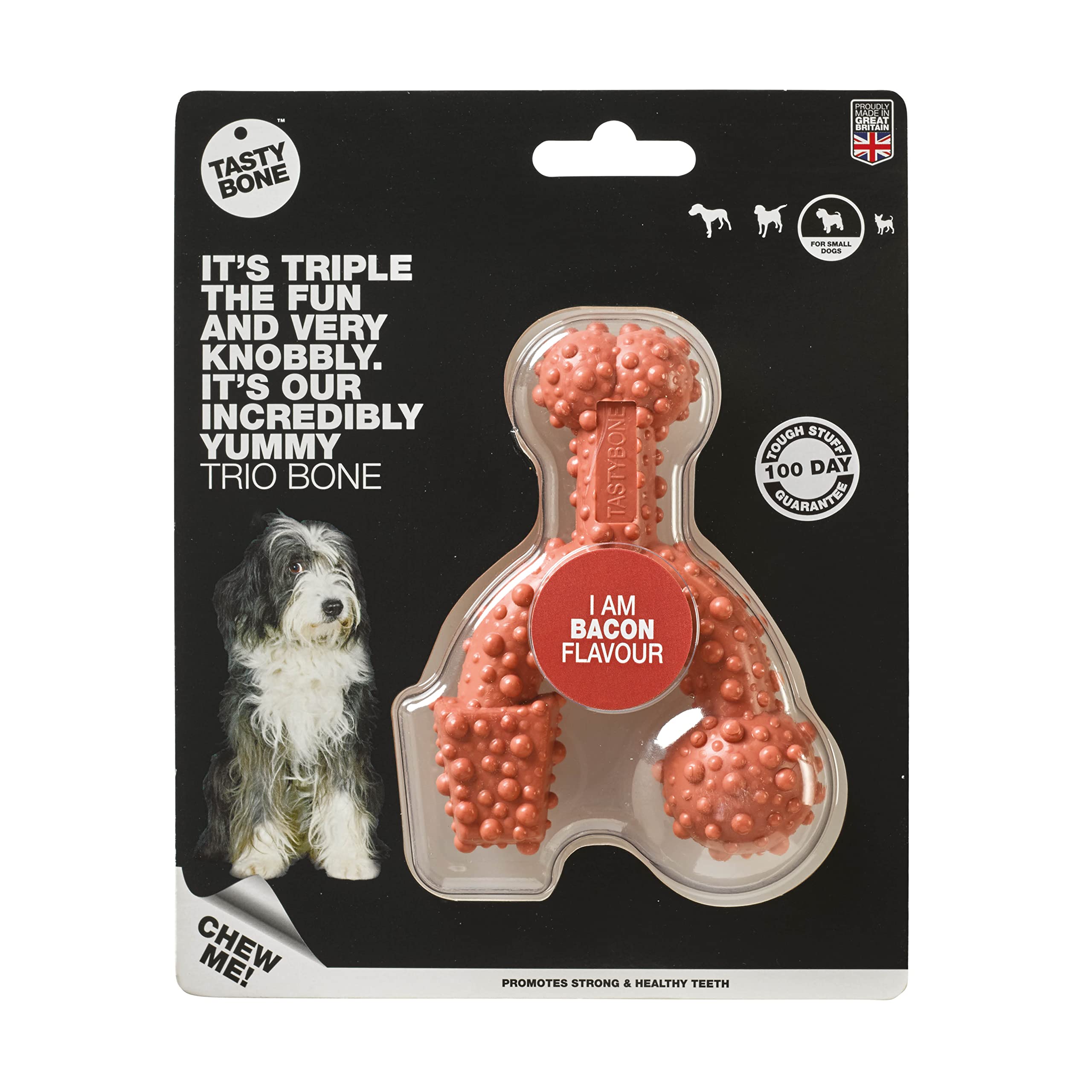 TastyBone TrioBone Nylon Dog Chew Toy for Small Dogs (Bacon) - Indestructible for Aggressive Chewers, Everlasting Flavour, Strong Healthy Teeth, Made in the UK