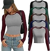 Sweetyweee 5 Pack Womens Long Raglan Sleeve Crop Tops Color Block Baseball Shirt Y2k Tee Tops