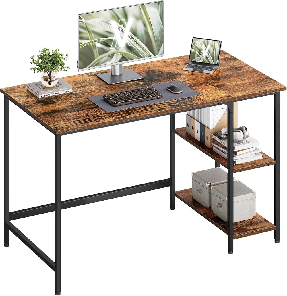 VASAGLE Computer Desk 120x60 cm with Left/Right Shelves Industrial Rustic Brown