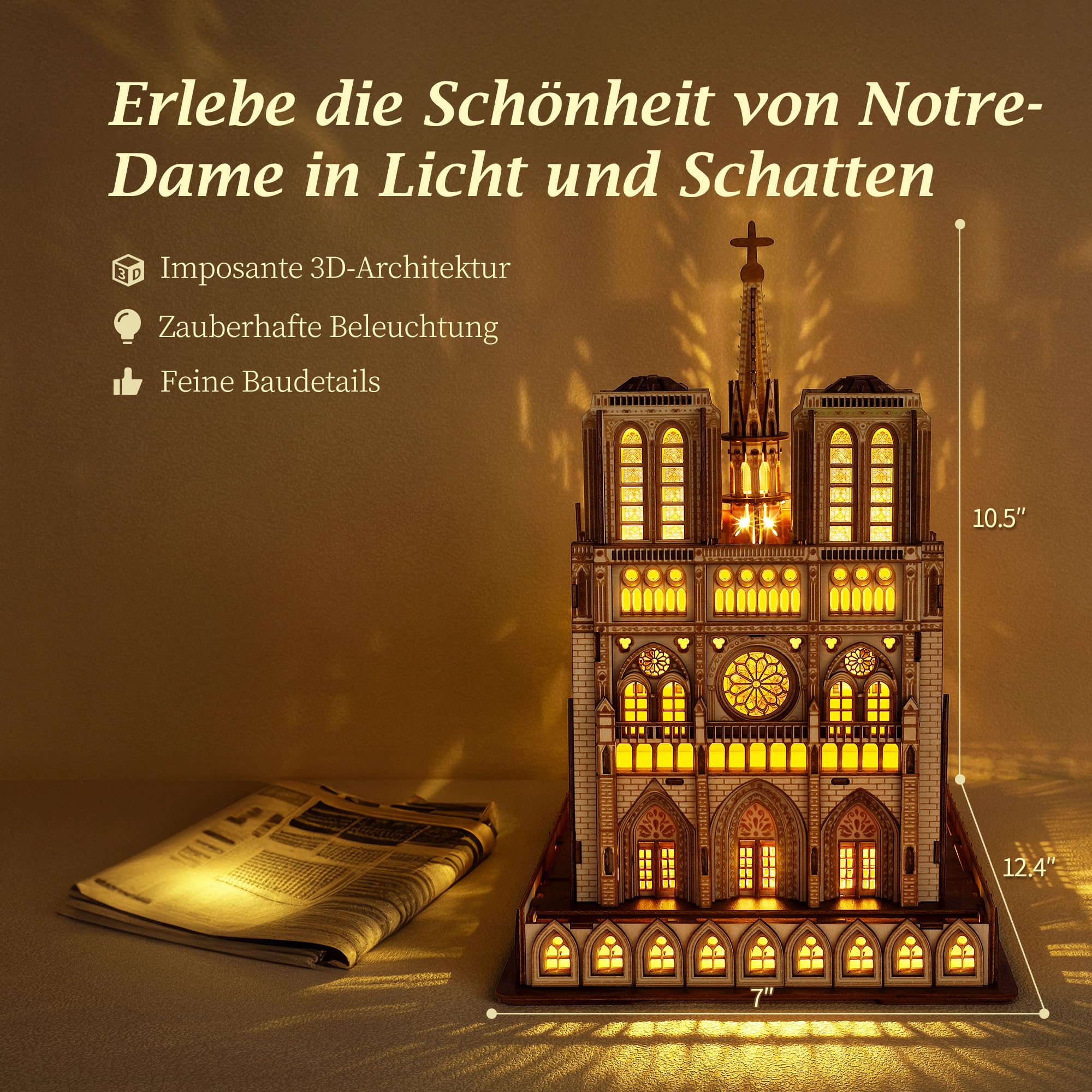 FUNPOLA LED 3D Holzpuzzle - Notre Dame de Paris Architekturmodell - Nachtedition mit LED-Beleuchtung - DIY Baumodell Bastelset Architektur-Bausatz 3