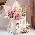 Boho Cake Topper Flower Cake Topper Pink Palm Leaves Cake Decorations with Artificial Rose Ginkgo Leaves and Balls for Wedding Baby Shower Birthday Boho Flower Themed Party Supplies (Pink)