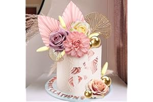 DRWATE Boho Cake Topper Flower Cake Topper Pink Palm Leaves Cake Decorations with Artificial Rose Ginkgo Leaves and Balls for Wedding Baby Shower Birthday Boho Flower Themed Party Supplies (Pink)