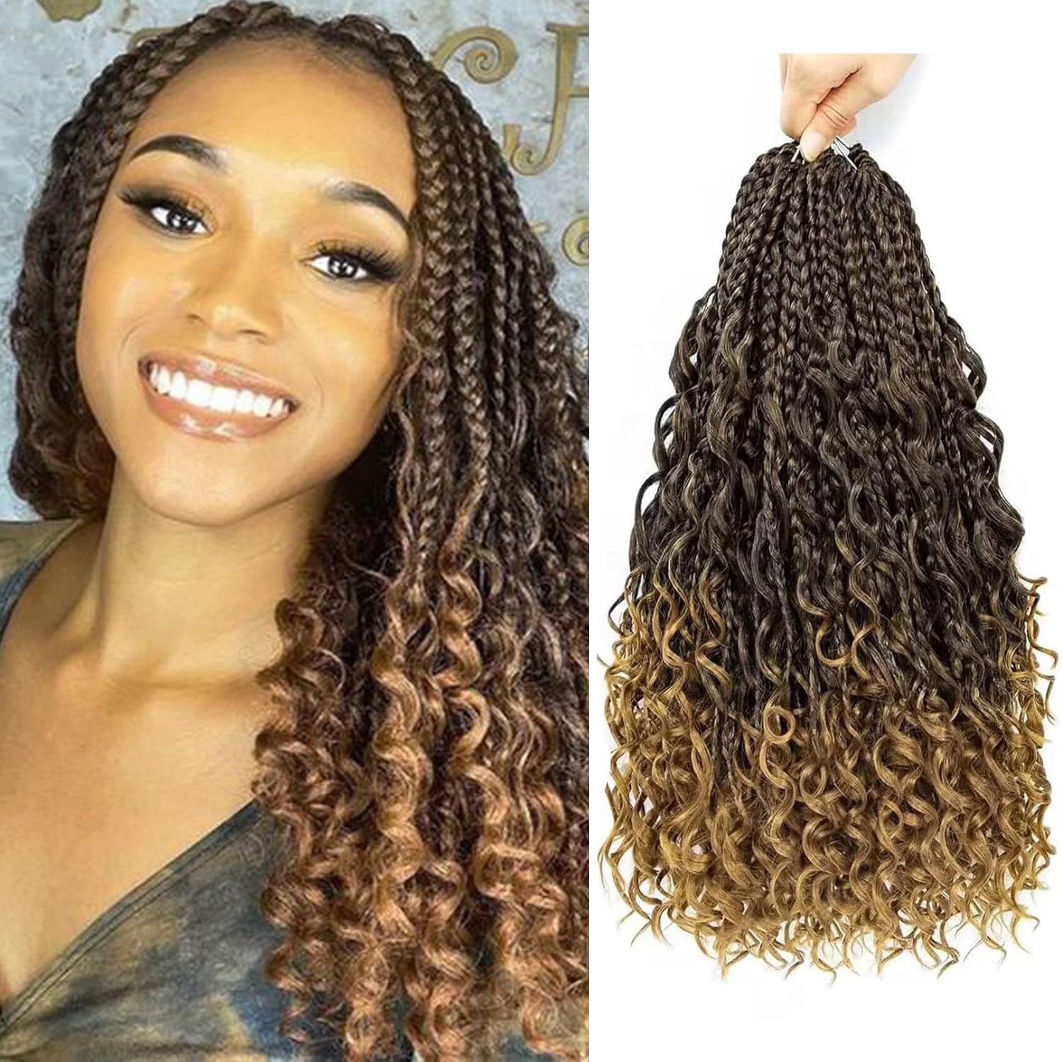 8Packs Goddess Box Braids Crochet Hair With Curly Ends 14inch Pre-looped Bohemian Synthetic Braiding Hair Extensions (T27, Boho Box Braids)
