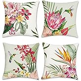 Bonhause Tropical Flowers Throw Pillow Covers 18 x 18 Inch Floral Leaves Outdoor Decorative Pillows Polyester Linen Cushion Cases for Couch Sofa Bed Home Decor Set of 4