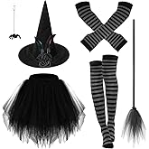 BOARDFEB 5 Pcs Halloween Witch Costumes for Witch Hat Tutu Skirt Gloves Sock Broom for women Girl Cosplay Party Accessory