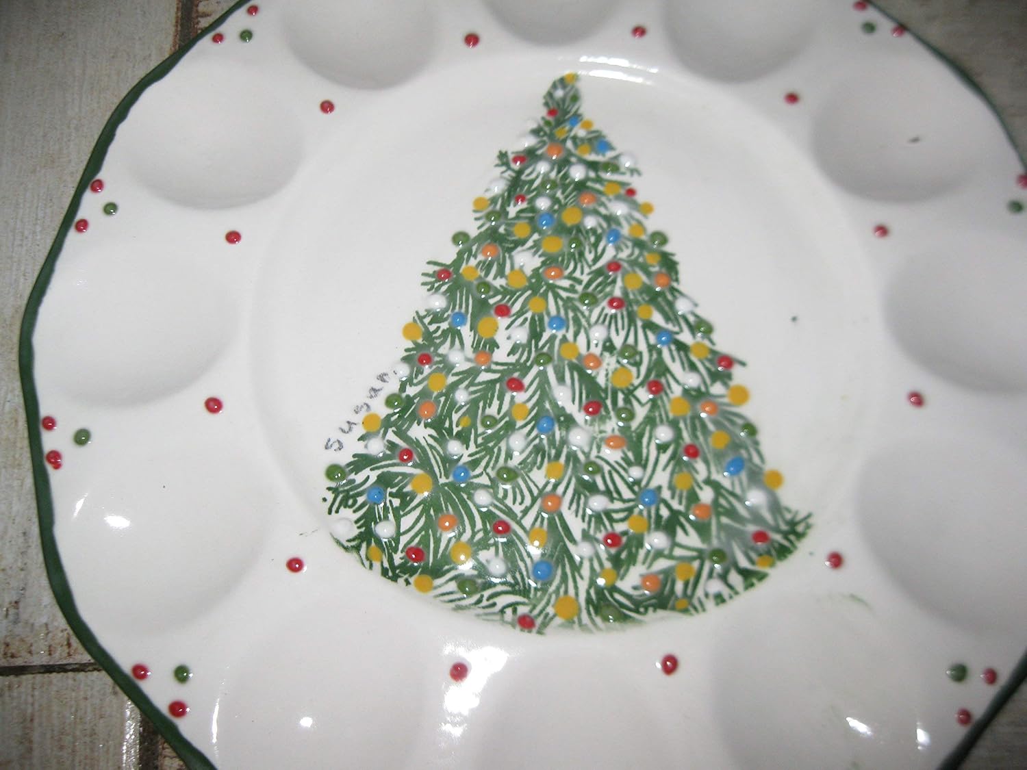 USA hand painted Christmas tree deviled egg platter Handmade