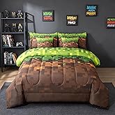 Feelyou Pixel Theme Comforter with Sheet Set Twin Size 7 Pieces Geometric Square Bedding Set for Kids Boys Girls Gamer Bed in a Bag Mosaic Bedroom Decor Green Brown