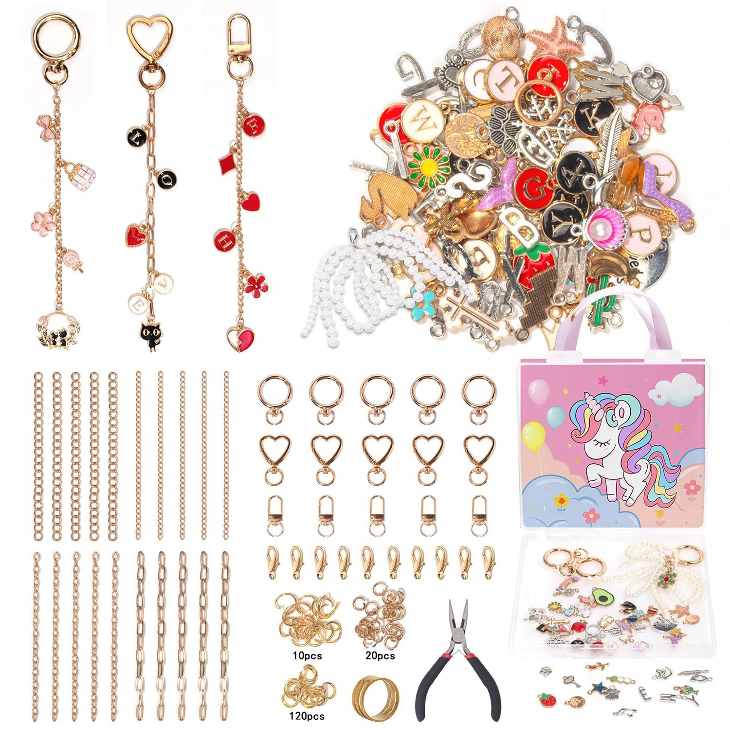 315Pcs Keychain Making Kit β Pink Unicorn Gift Box, Premium Metal Keyring Making Kit for DIY Craft, All-Inclusive Bag Charm Kit with Tools & Charms, Ideal Keyring Making Kit for Kids & Adults, Jewelry