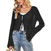 Balimtoy Women Tie Front Cardigan Crochet Sweater Crop Tops Cute Bell Long Sleeve Knit Shrug Beach Vacation Cover Up