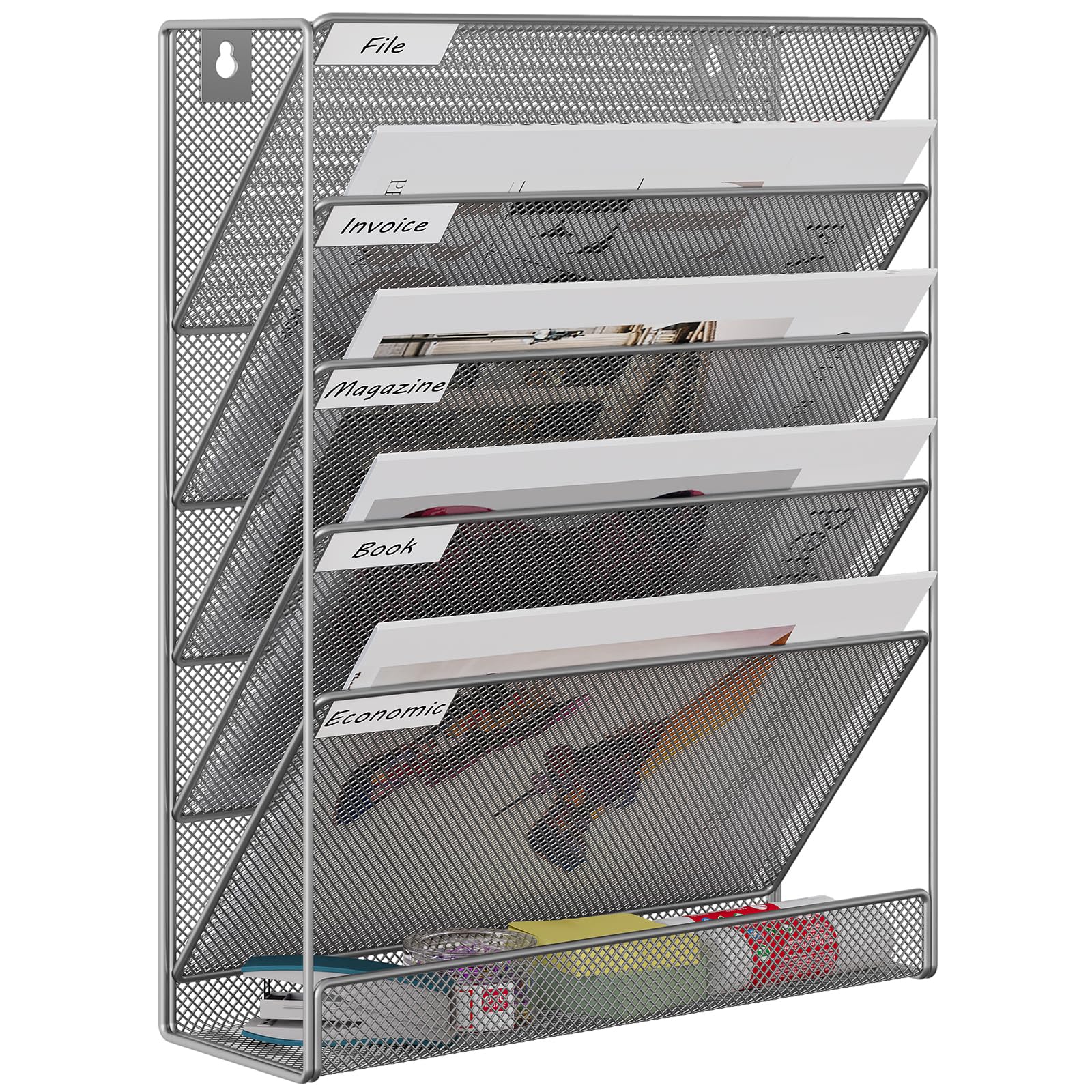 EasyPAG 6 Tier A4 Mesh in Tray Hanging Wall File Holder Mail Organiser Magazine Storage Rack,Silver