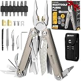 BIBURY Titanium Alloy Multitool with Damascus Knife &amp; Scissors, BI2049TI | 440C Knife HRC 58, 11oz Weight, EDC Multi Tool Pliers, Include Wire Cutters &amp; Sheath, Gear for Camping, Survival, Repair, DIY