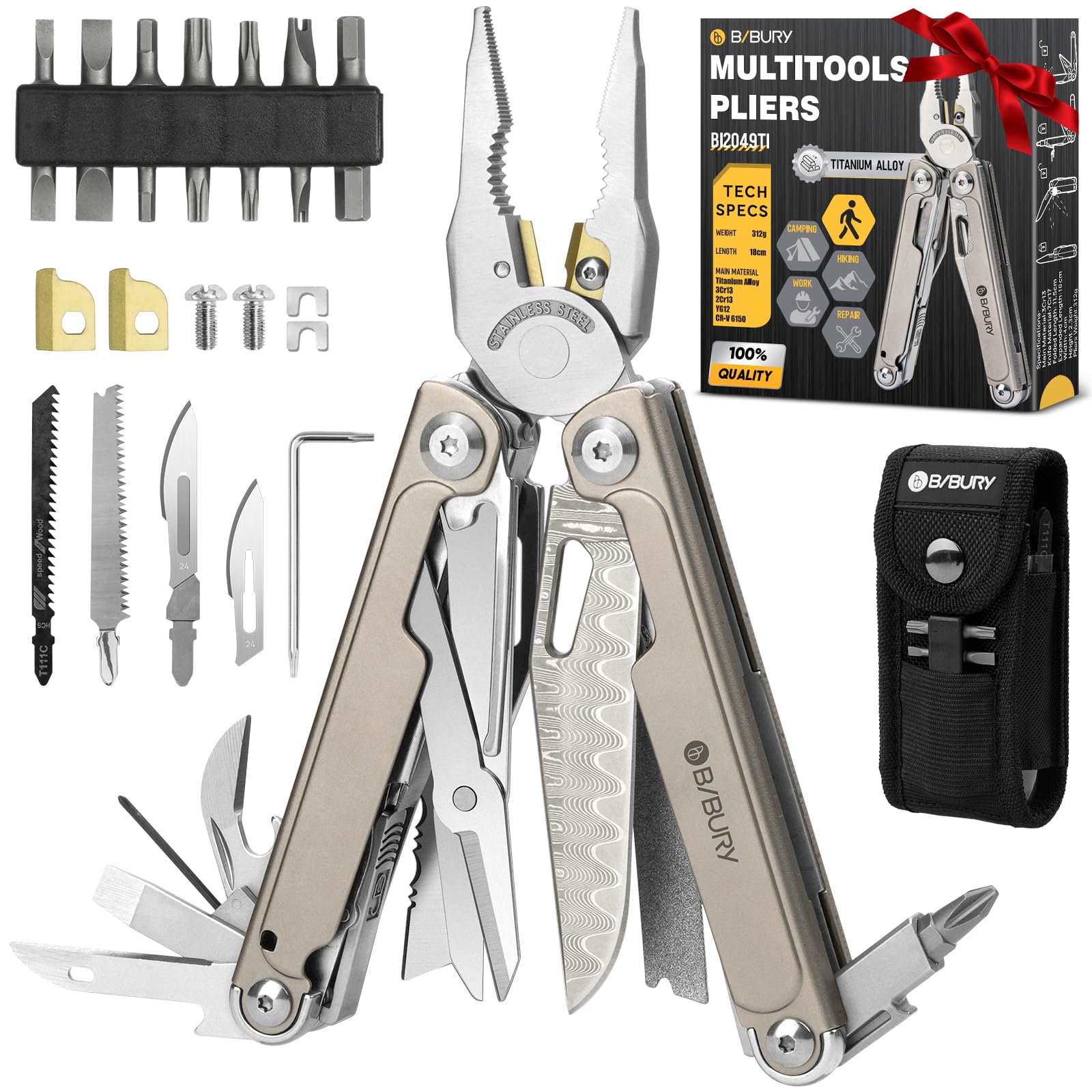 BIBURY Multitool Titan & Damast Messer - Multifunktionswerkzeug mit Zange, Schere, austauschbarer Säge & Bits - Profi EDC Taschenmesser Geschenke für Männer, Reparieren, Camping Zubehör BI2049TI