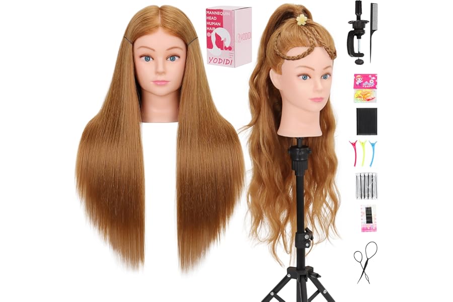 Mannequin Head Human Hair for Cosmetology – Manikin Head With 80% Human Hair for Styling Practice, Manikin Practice Head Hairdresser With Free Clamp Holder (#27-UB)