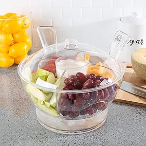 Classic Cuisine 82-KIT1083 Large Cold Server with Lid, Dip Bowl, Serving Utensils, Dividers, and Ice Compartment-For Chips, Punch, Fruit, or Salad, Clear
