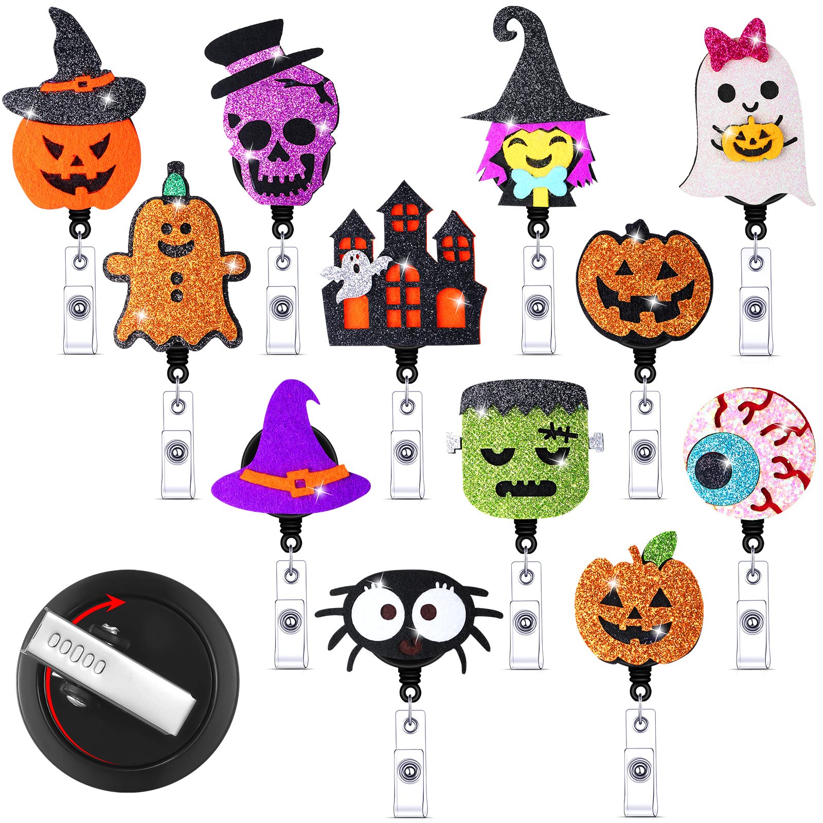 Photo 1 of 12 Pcs Halloween Badge Reels Retractable ID Holder with Clip Name Badges Ghost Pumpkin Witch Name Badge Holder with Swivel Clip for Nurse Women Doctor Office Gifts (Ghost Style)