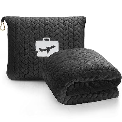 EverSnug Travel Blanket & Pillow 68x42 - Premium Ultra-Soft Microfleece 2 in 1 Compact & Packable Flight Blanket with Soft Bag Pillowcase, Hand Luggage Sleeve and Backpack Clip (Black)