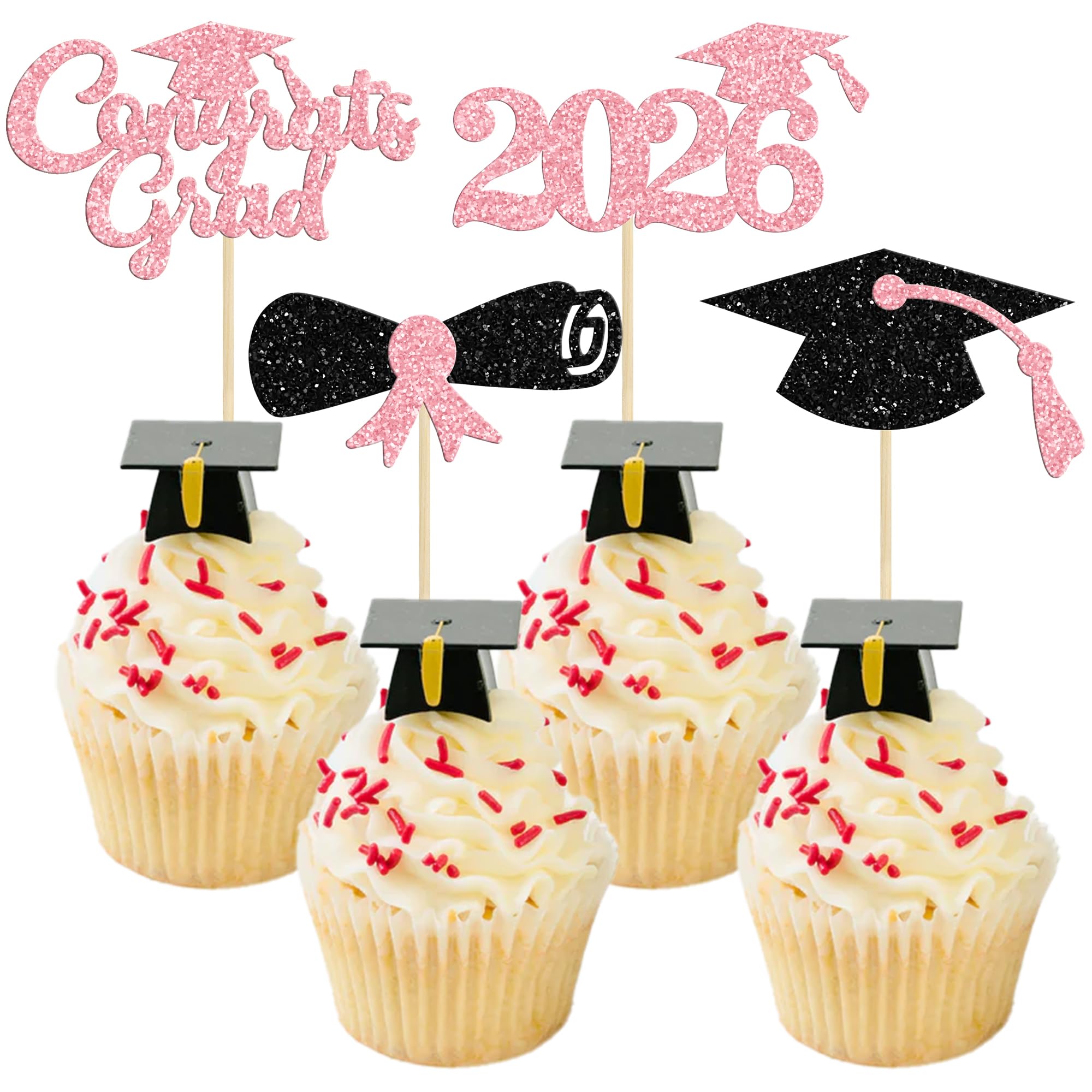 Gyufise 24Pcs 2026 Graduation Theme Cupcake Toppers Glitter Class of 2026 Diploma Graduation Cap Cupcake Picks 2026 Graduation Theme Party Cake Decorations Supplies Pink