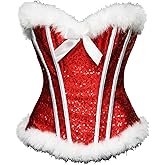 Springcmy Women Plus Size Christmas Santa Claus Corset Tops Boned Overbust Bustier Shapewear Lace Up Fur Trim Push Up Costume