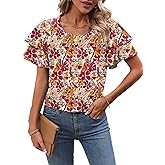 APOOU Womens Tops Dressy Casual Floral Crewneck Flutter Sleeve Tops Flowy Shirts Chiffon Blouses Business Clothes