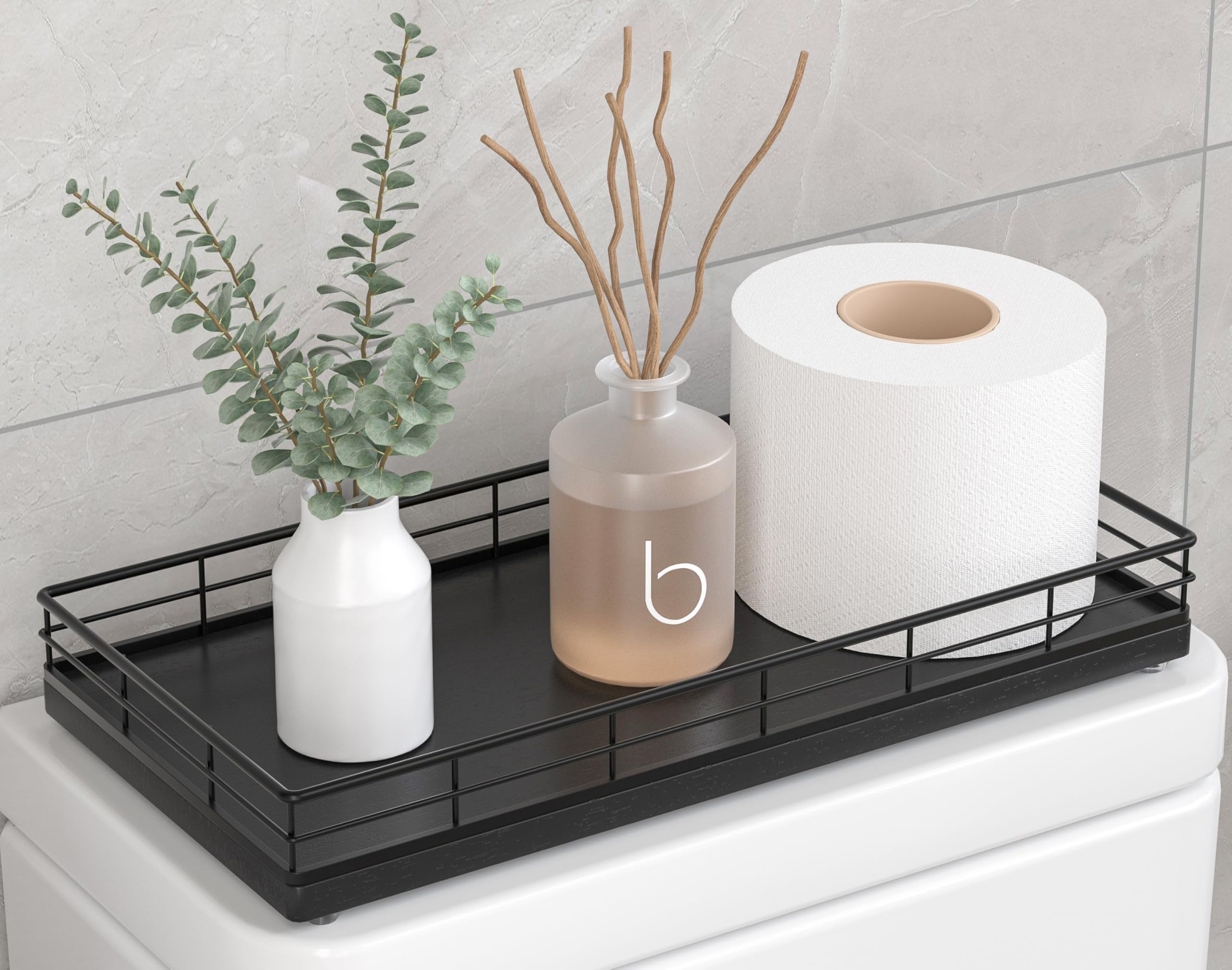 Photo 1 of Toilet Paper Basket Organizer – Oak Wood Toilet Tank Tray with Metal Frame, Back of Tank or Top Bathroom Counter Storage – Black Modern Decor