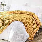 Bigacogo Chunky Knit Throw Blanket for Couch, 51x63 inches, 100% Hand Knitted with Thick Jumbo Chenille Yarn, Cozy Soft Large Rope Knot Cable Crochet Blankets for Sofa Bed Living Room, Mustard Yellow