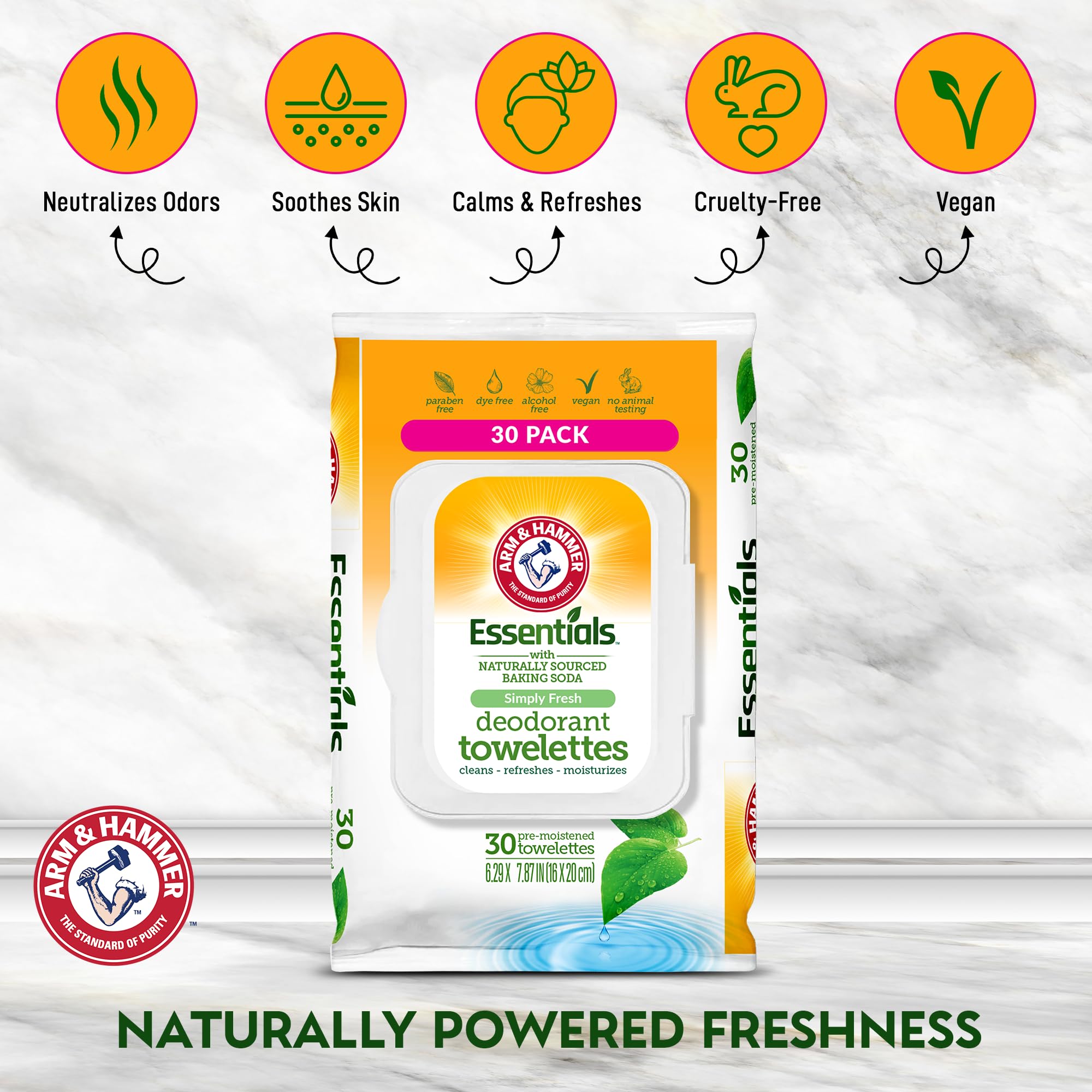 Arm and Hammer Face and Body Wipes for Adults - Deodorant Towelettes 30 Sheets for Women - Shower Wipes for Traveling, Camping, Gym, and Bathing - Alcohol-Free Face Sheets (Simply Fresh)