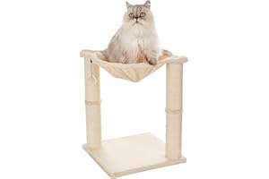 Amazon Basics Cat Condo Tower with Hammock Bed and Scratching Post,Easy to Assemble,Plush Hammock,Interactive Hanging Ball,Durable Sisal Scratch Posts for Indoor Cats, 15.8 x 15.8 x 19.7 Inches, Beige