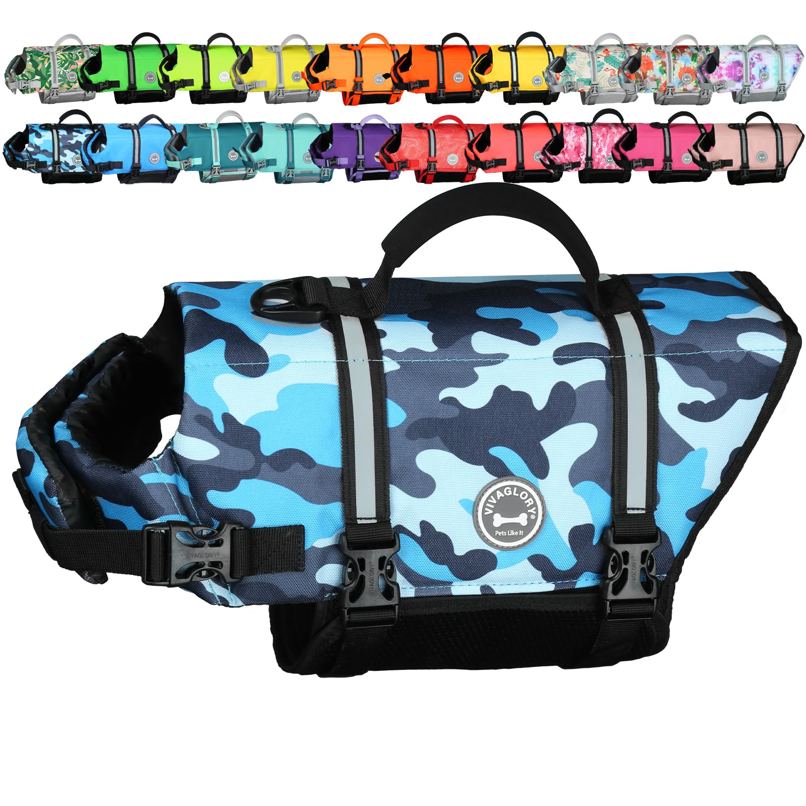 VIVAGLORY Rip Stop Dog Life Jacket, Buoyancy Aid with Handle, Buoyancy for Doggy, Dog Life Jacket for Swimming & Boating, M, Camo Blue