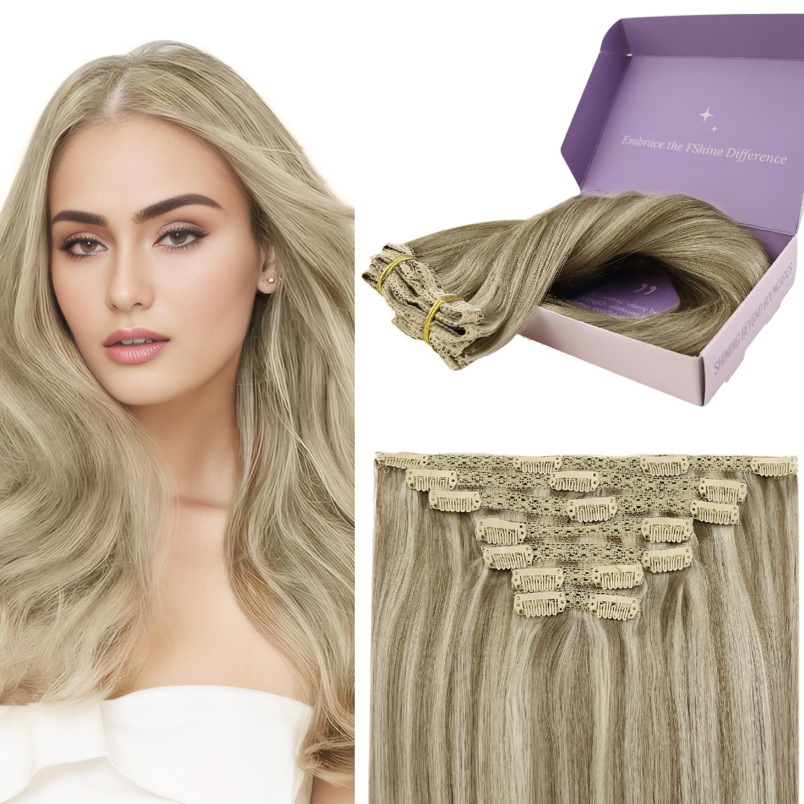 Fshine Clip on Hair Extensions Human Hair 14 Inch Light Brown Highligh Platinum Blonde Hair Extensions Clip In Real Hair Silky Straight Real Hair Extensions Clip in Human Hair 7pcs/120g — image 1