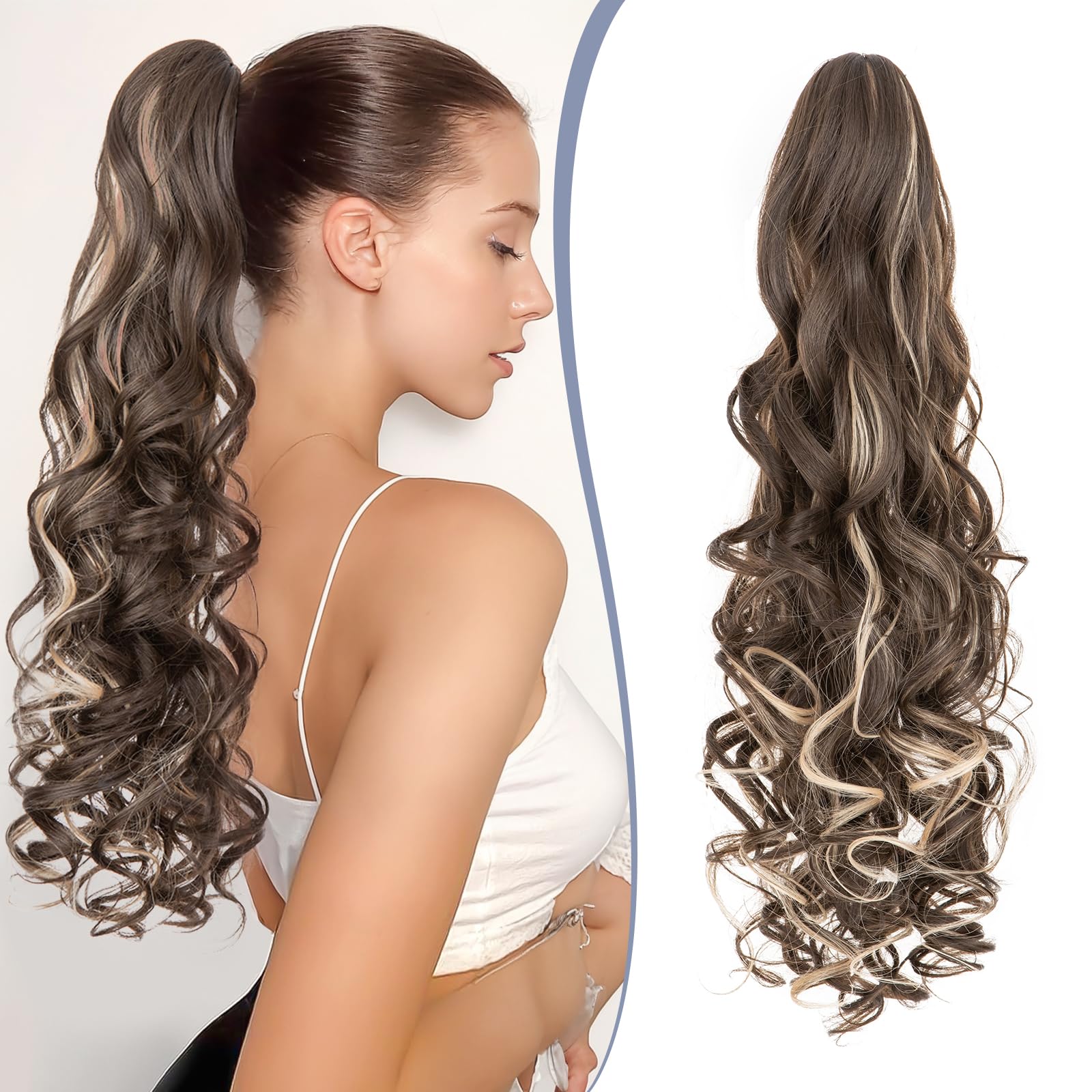 TESS 24'' Curly Ponytail Extensions, 210g Claw in Long Ponytail Extension, Hair Pieces for Women, Medium Brown With Light Blonde highlights — image 1