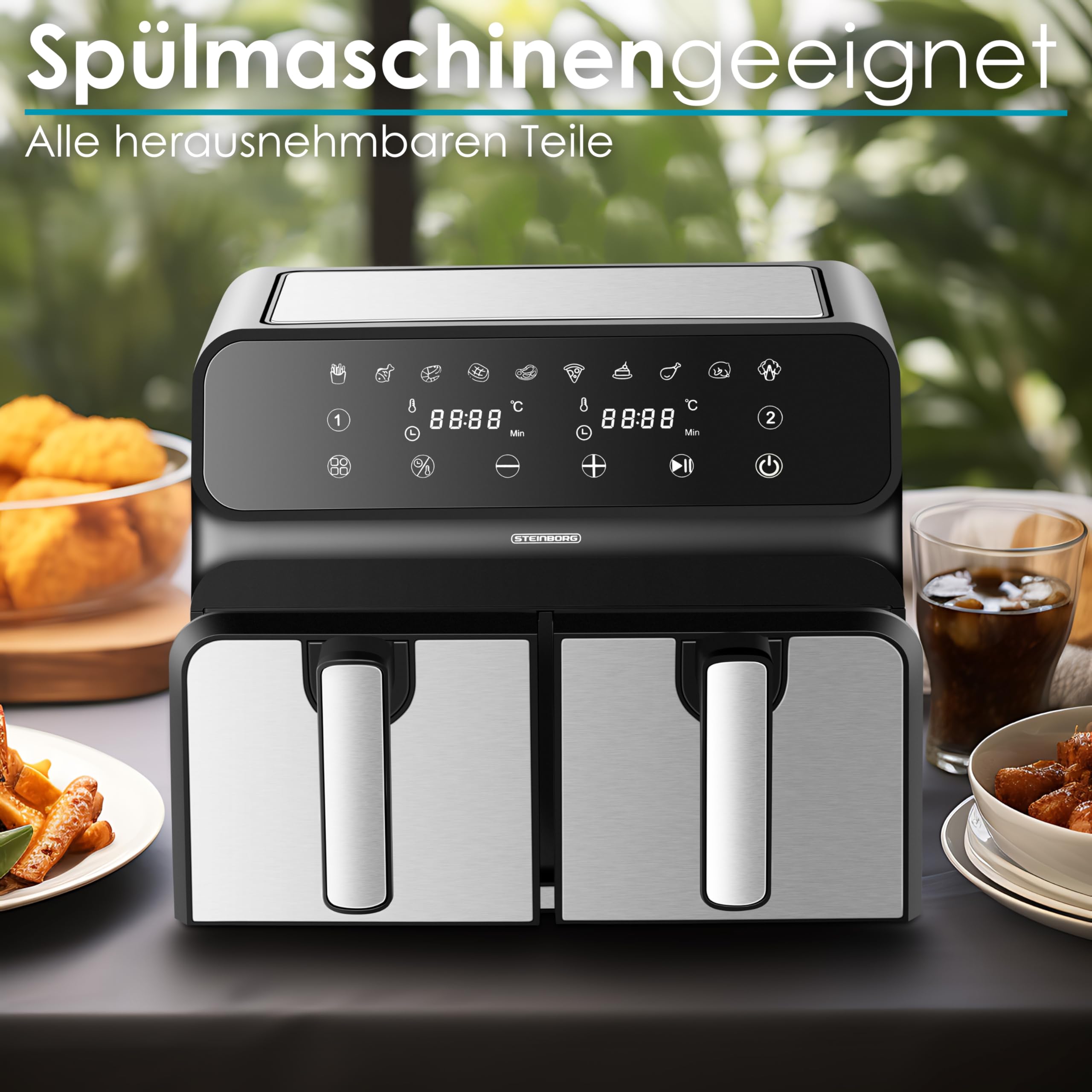 Heißluftfritteuse | 2 Kammern | Heissluftfritteuse | 4 in 1 Mini Backofen | Fritteuse | Dörrautomat | Grillen Backen Dörren Frittieren | Friteuse ohne Öl | Air Fryer | Heißluftofen | Heißluftgrill 7