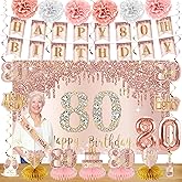 Turypaty 80th Birthday Decorations Kit for Women, 21Pcs Pink Rose Gold Happy 80 years old Birthday Banner Backdrop Balloons Sash Table Toppers Honeycomb Centerpiece Hanging Swirls Party Supplies