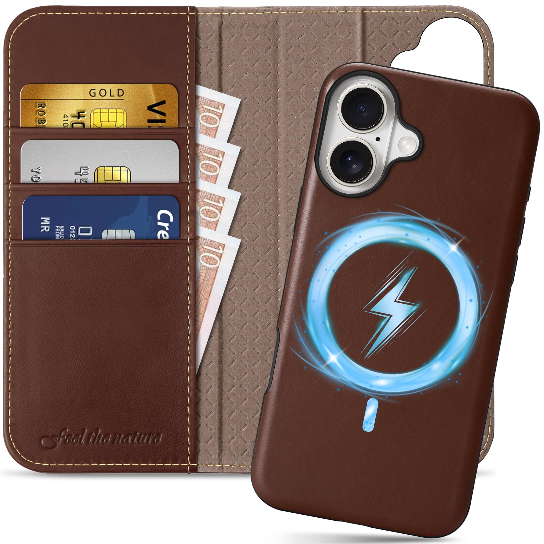 SHIELDON Case for iPhone 16 Plus 6.7", Genuine Leather Detachable Wallet [Kickstand][RFID Blocking][Card Holder] Magnetic Shockproof Wireless Charging Compatible with iPhone 16 Plus - Retro Coffee