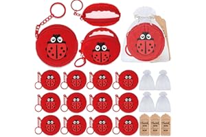 Elecrainbow 36 Pack Ladybug Change Purses Set Include 12 Ladybug Wallets with Keyrings, 12 Thank You Tags and 12 Organza Bags for Ladybug 1st Birthday Baby Shower Birthday Party Decoration,Red