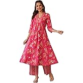 Janasya Indian Women's Cotton Pink Floral Print Festive Wear Kurta Set for Women