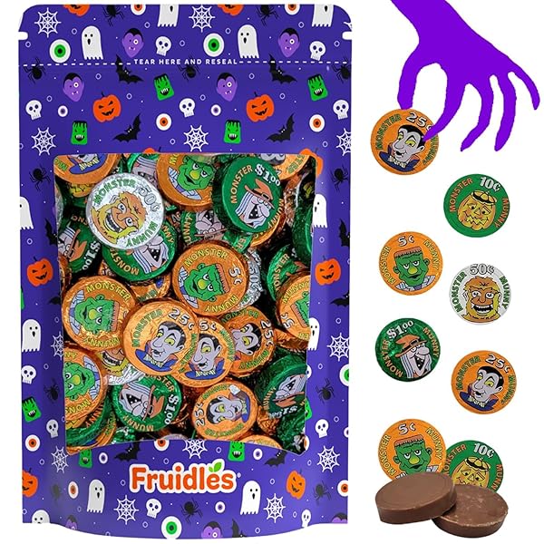 FRUIDLES HALLOWEEN MONSTER MONEY COINS MUNNY, TRICK-OR-TREAT PARTY BAG FILLERS, INDIVIDUALLY WRAPPED IN ORANGE, GREEN, SILVER COIN DESIGN FOILS, KOSHER CERTIFIED DAIRY (2 POUNDS)