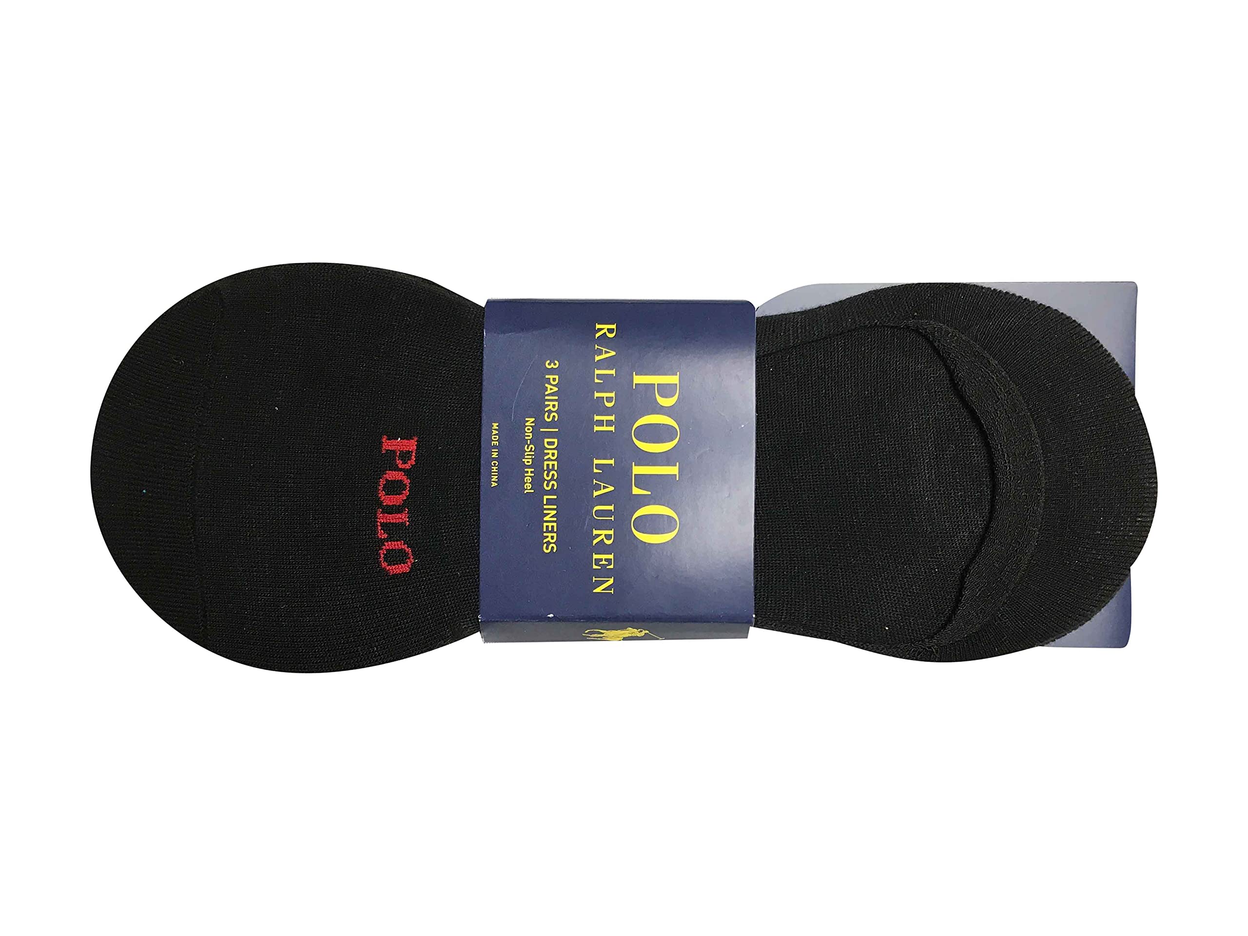 POLO RALPH LAUREN Men's Socks Polyester/Spandex Blend 3 Pairs Dress Liners, Non-Slip Heel Black (6-12.5 M US), black