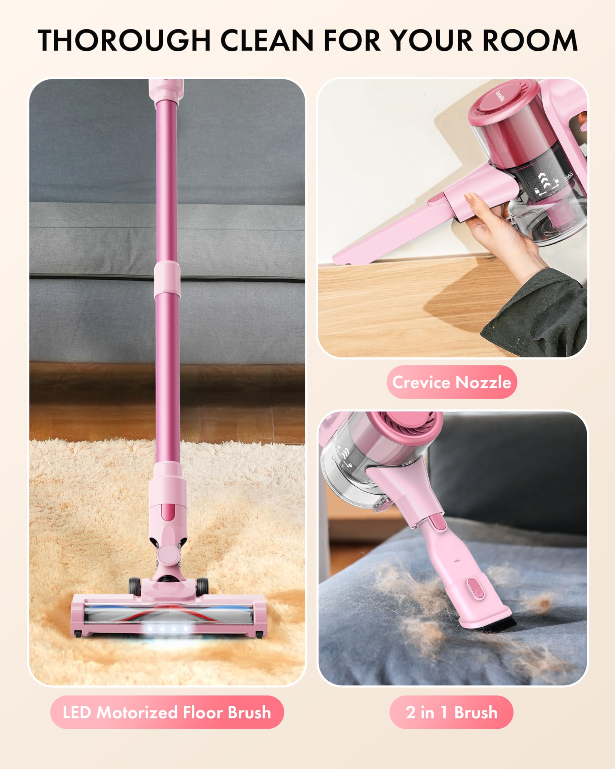 Cordless Vacuum Cleaner, 28Kpa Powerful Suction, 380W Strong Brushless Motor with 8 in 1 Lightweight Stick Vacuum Cleaner with 50 Min Runtime Detachable Battery for Pet Hair & Carpet, Pink