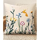 Kokaaee Embroidered Throw Pillow Cover 18x18 Inch - Spring Summer Boho Decorative Pillow Cover with Zipper for Living Room Couch Sofa Bed Aesthetic Design Flower Bird Cushion Pillowcase