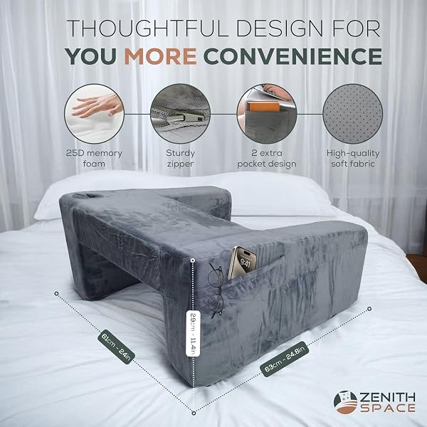 ZENITH SPACE – READING PILLOW FOR LAP TO IMPROVE YOUR READING EXPERIENCE – MEMORY FOAM ADULT GAMING PILLOW FOR BED WITH CUP HOLDER – ALLOW 24–72 HRS TO FULLY EXPAND – MAXIMIZING YOUR COMFORT