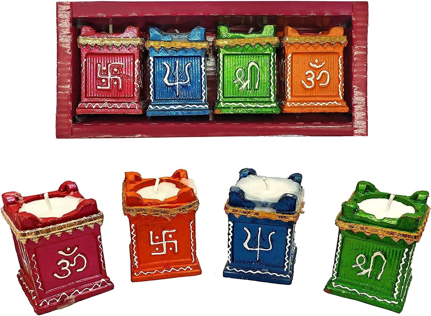 Oil Lamps & Accessories - Genieland 4 Pc Set Tulsi Clay Diya Diwali Dia with Filled Wax Wicks for Puja Pooja Traditional Decorative Handmade Colored Terracotta Earthen Vilakku Oil Lamp Diyas Natural Mitti Deepawali Items