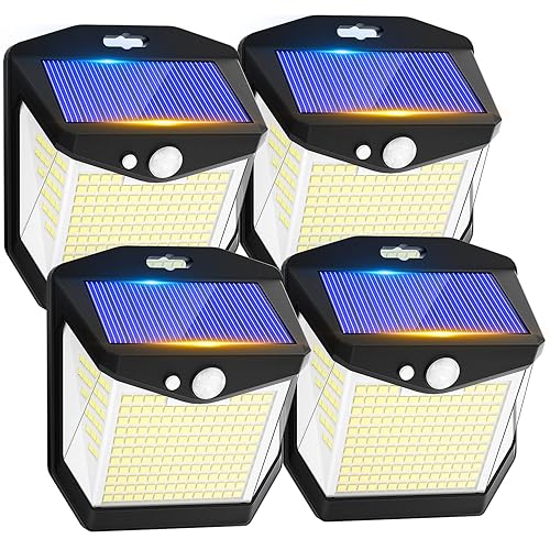 Solar Security Lights Outdoor Garden: 248 LED Solar Powered Outside Light 3 Modes Motion Sensor and 270°Wide Angle IP65 Waterproof Solar Power Wall Lighting For Fence Flood Door Garage Yard 4 Pack