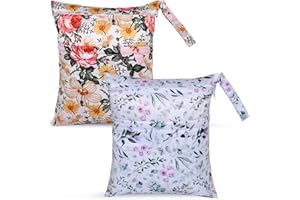 eaxin 2 Pcs Wet Dry Bags for Baby Cloth Diapers,Washable Travel Bags,Beach,Pool,Gym Bag for Swimsuits or Wet Clothes with 2 Pockets-Floral