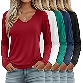 Oakgarden 5 Pack Women's V Neck Long Sleeve Tops Bulk, Loose Fit Casual T-Shirts Layer Soft Trendy Outfits Basic Tees