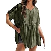 Womens V Neck Babydoll Tops Summer Short Sleeve Oversized Tshirts Casual Loose Fit Peplum Tunic Shirts