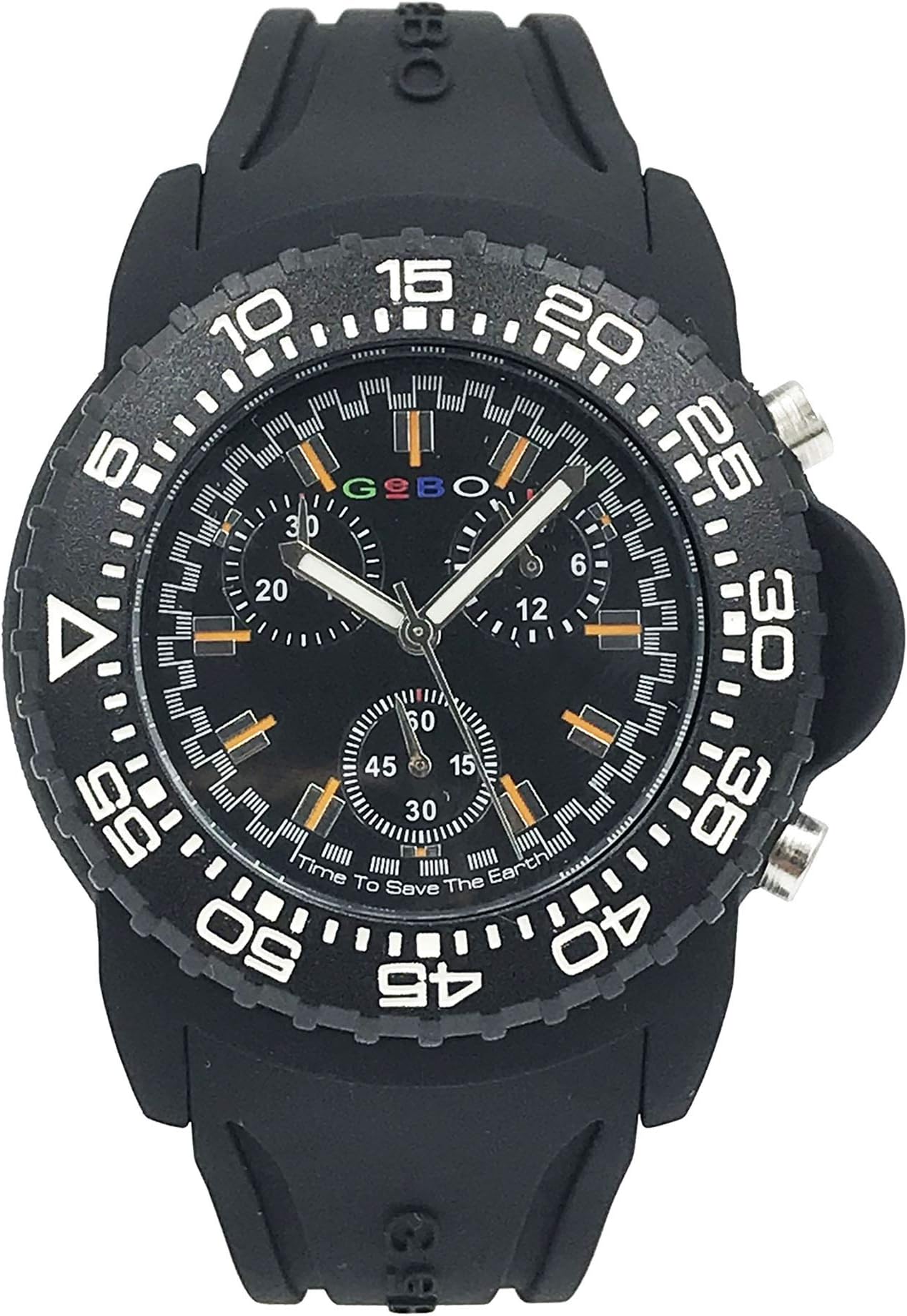 GeBo Unisex 44mm Sports Diver Chronograph Black Rubber Band Steel Quartz Watch