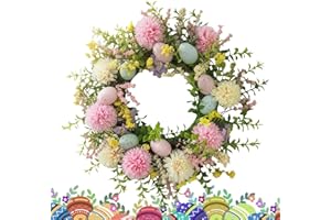 Easter Wreaths for Front Door, 15.75 Inch Artificial Easter Wreath, Colorful Eggs Daisies Garland, for Home Porch Window Wall